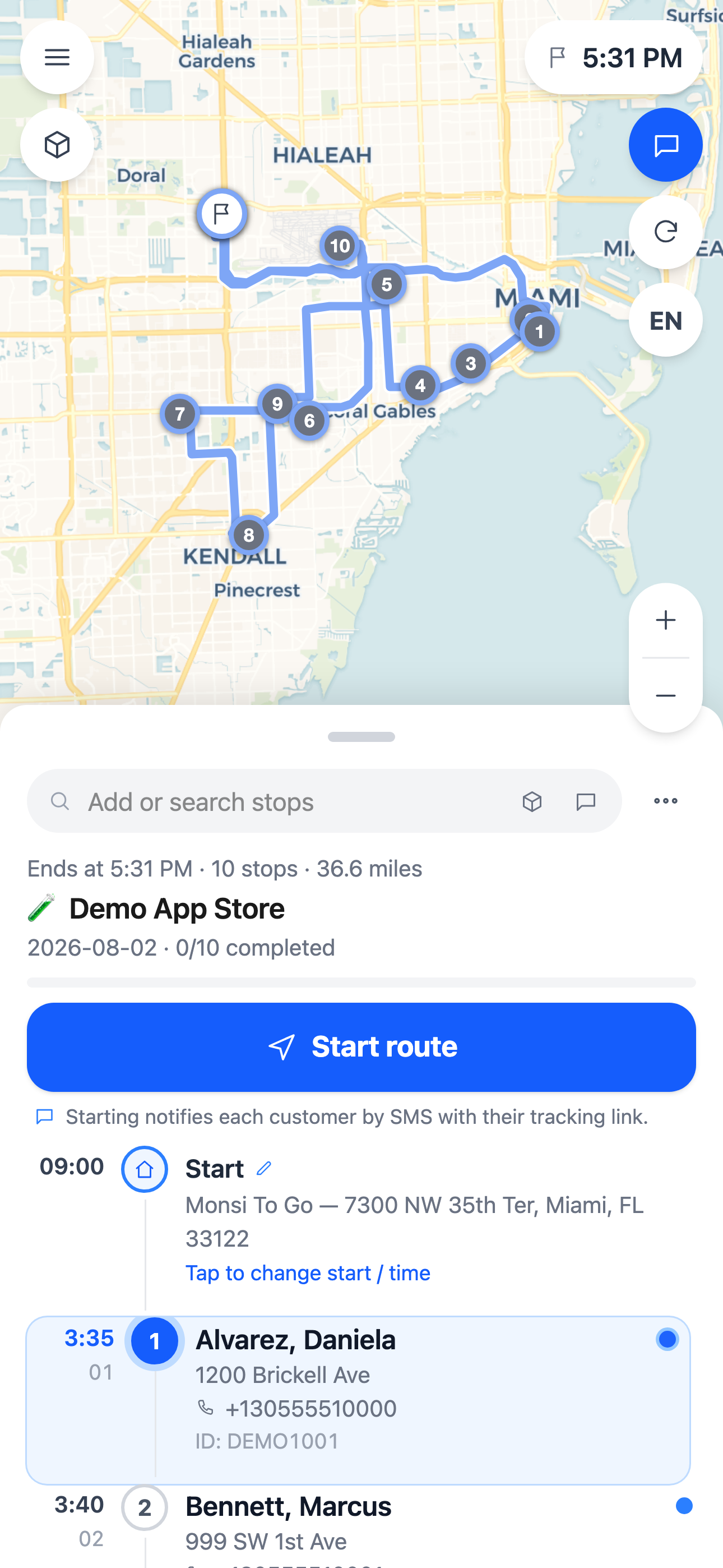 monsi driver app — today's route